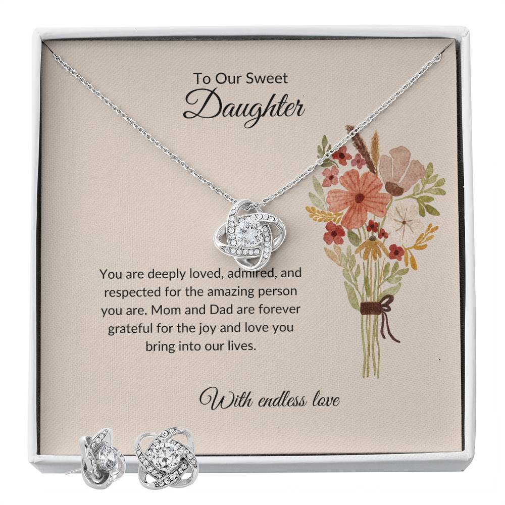 To My Sweet Daughter – Heartfelt Love Knot Beauty Earring & Necklace Bundle