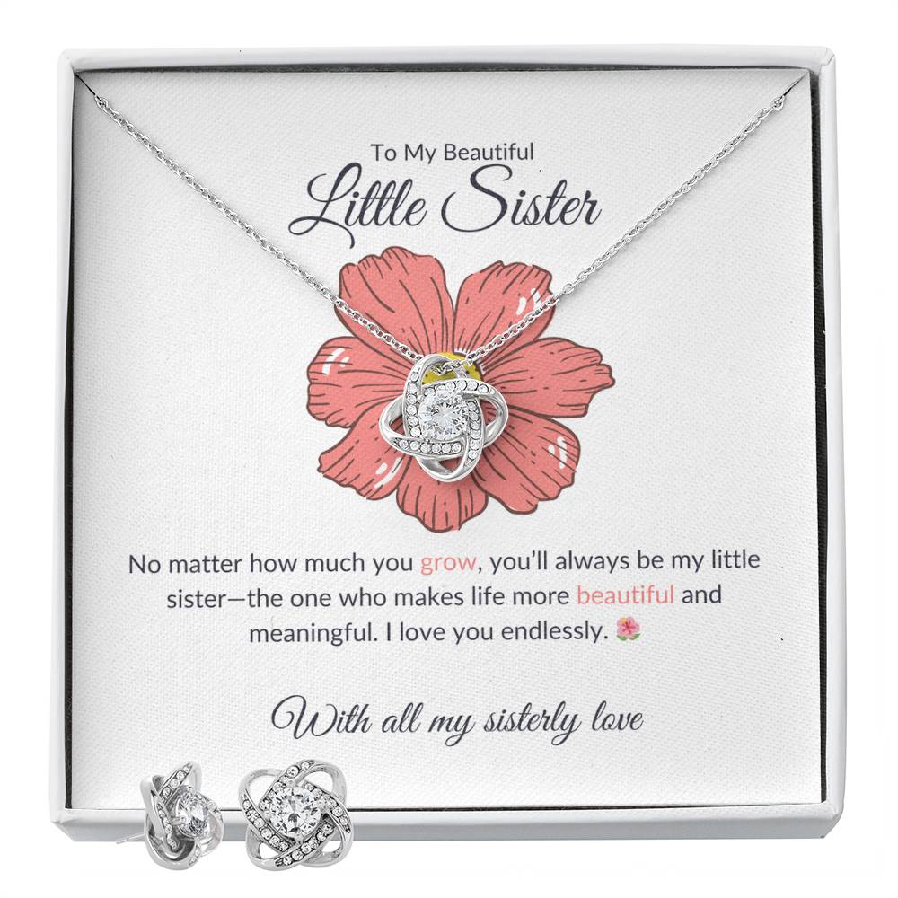 To My Beautiful Little Sister - Love Knot Earring & Necklace Set | Heartfelt Sister Gift