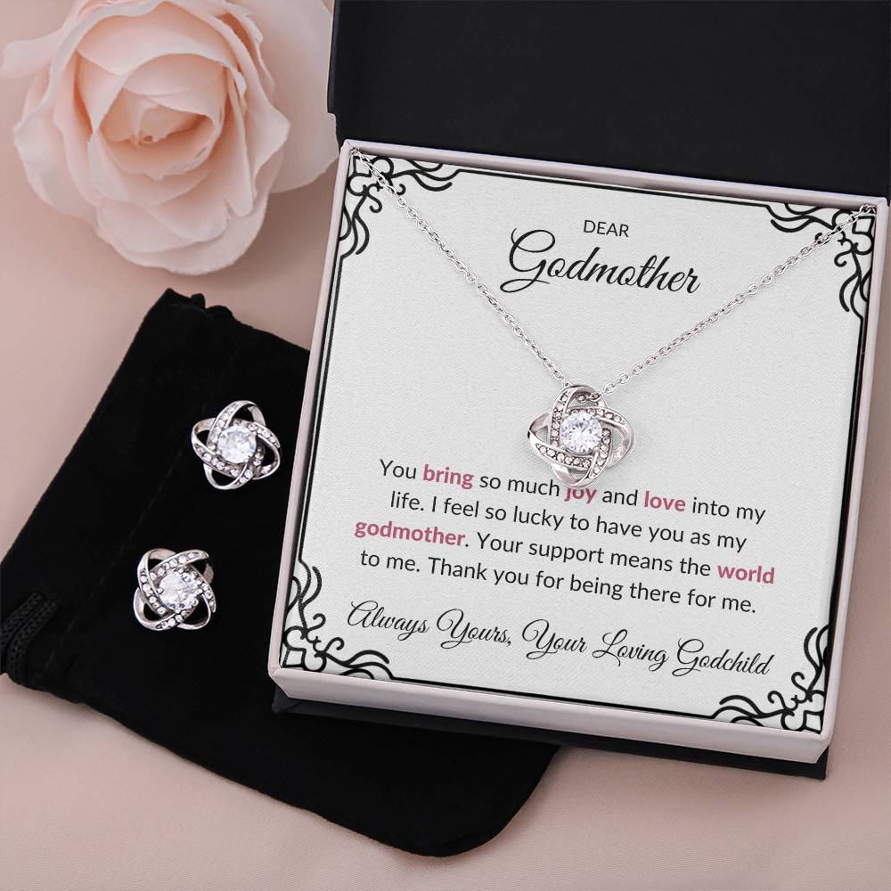 To My Lovely Godmother Love Knot Necklace & Earring Set with Heartfelt Message | Necklace for Godmother
