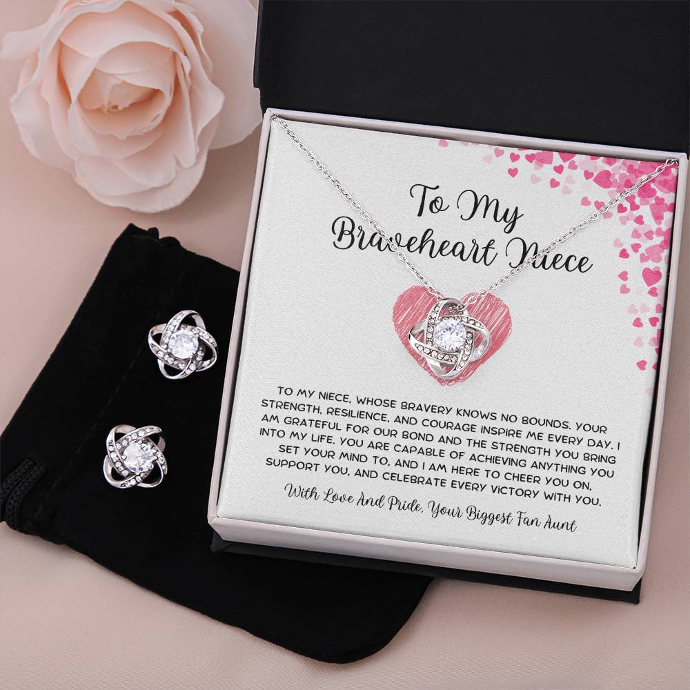 To My Braveheart Niece - From Aunt to Niece Love Knot Earring & Necklace Set - SOUVMOUR