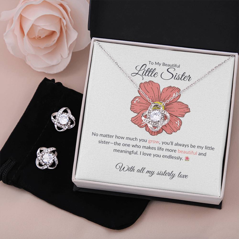 To My Beautiful Little Sister - Love Knot Earring & Necklace Set | Heartfelt Sister Gift