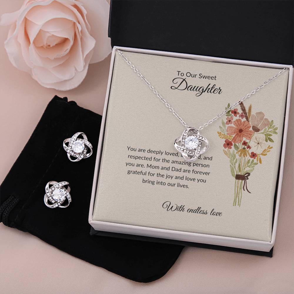 To My Sweet Daughter – Heartfelt Love Knot Beauty Earring & Necklace Bundle