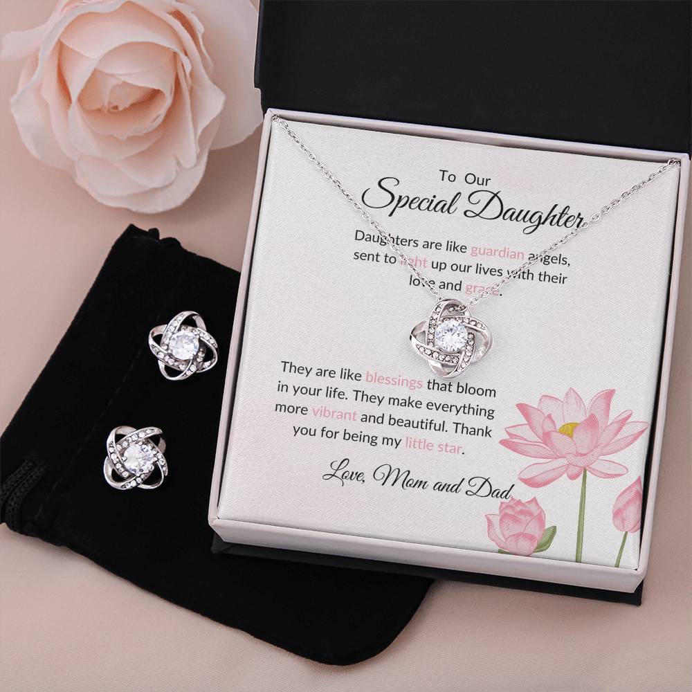 To My Special Daughter – Heartfelt Love Knot Beauty Earring & Necklace Gift Bundle