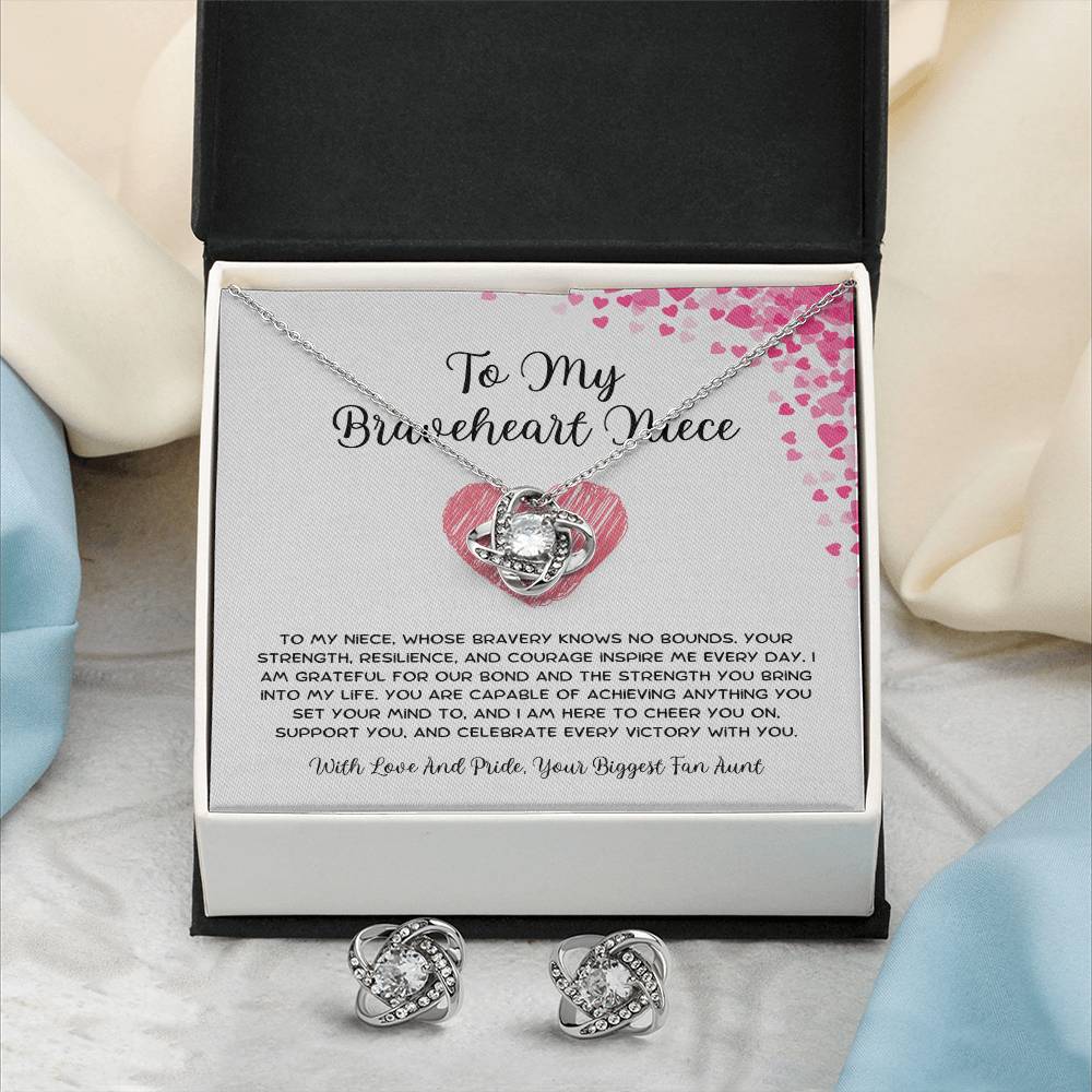 To My Braveheart Niece - From Aunt to Niece Love Knot Earring & Necklace Set - SOUVMOUR