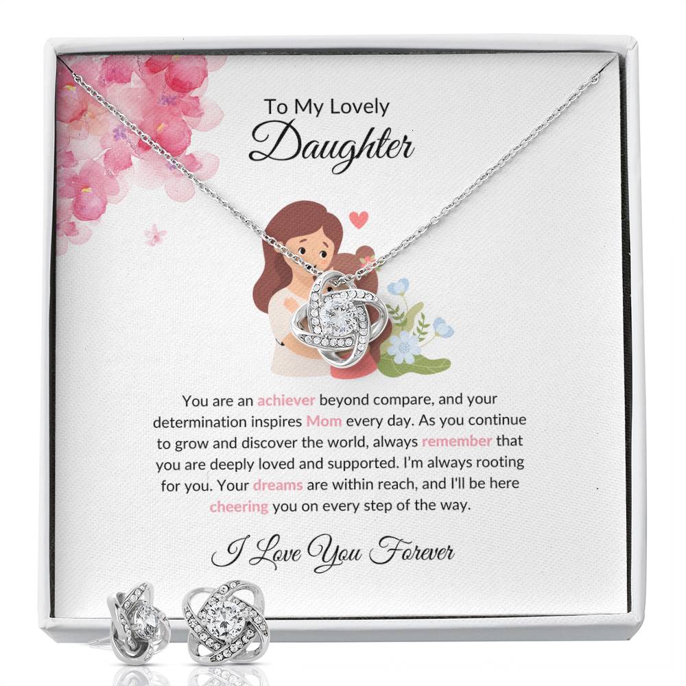 To My Lovely Daughter – Heartfelt Love Knot Beauty Earring & Necklace Gift Bundle