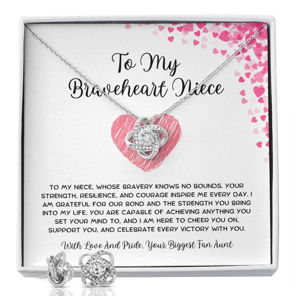 To My Braveheart Niece - From Aunt to Niece Love Knot Earring & Necklace Set - SOUVMOUR