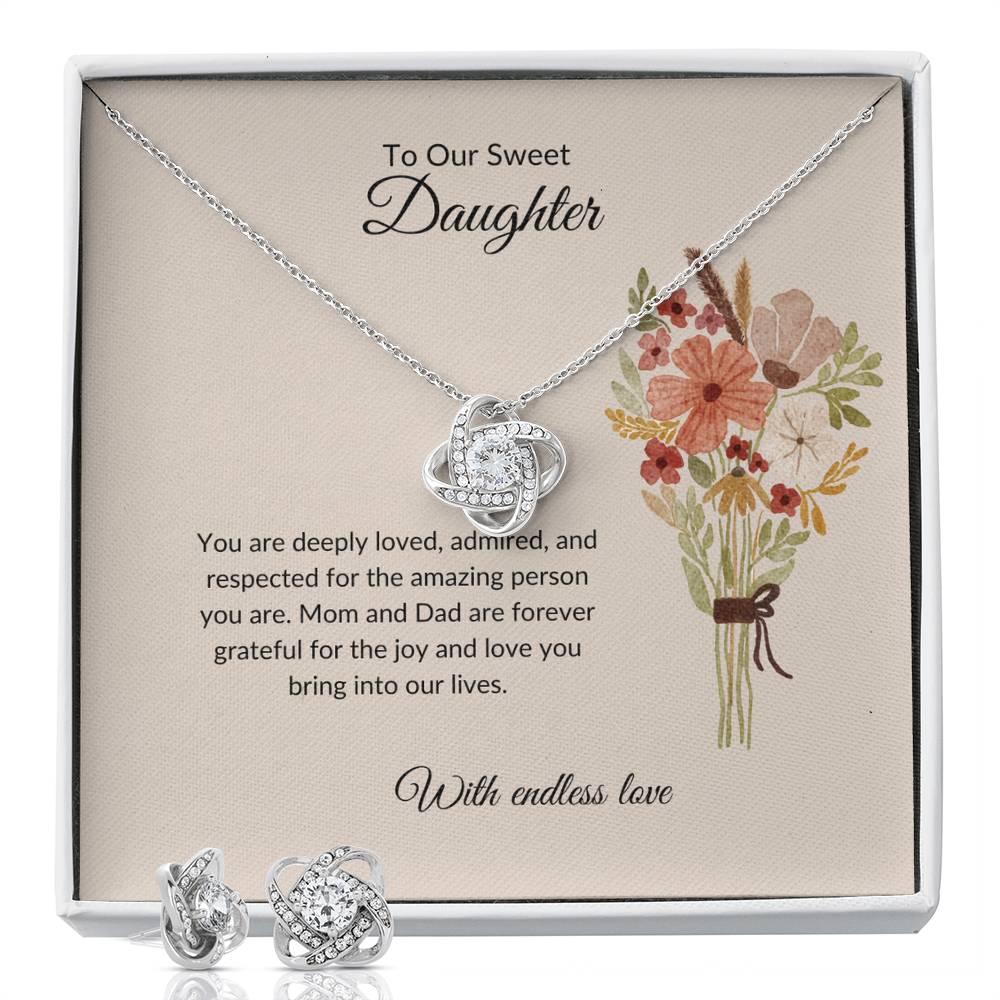 To My Sweet Daughter – Heartfelt Love Knot Beauty Earring & Necklace Bundle