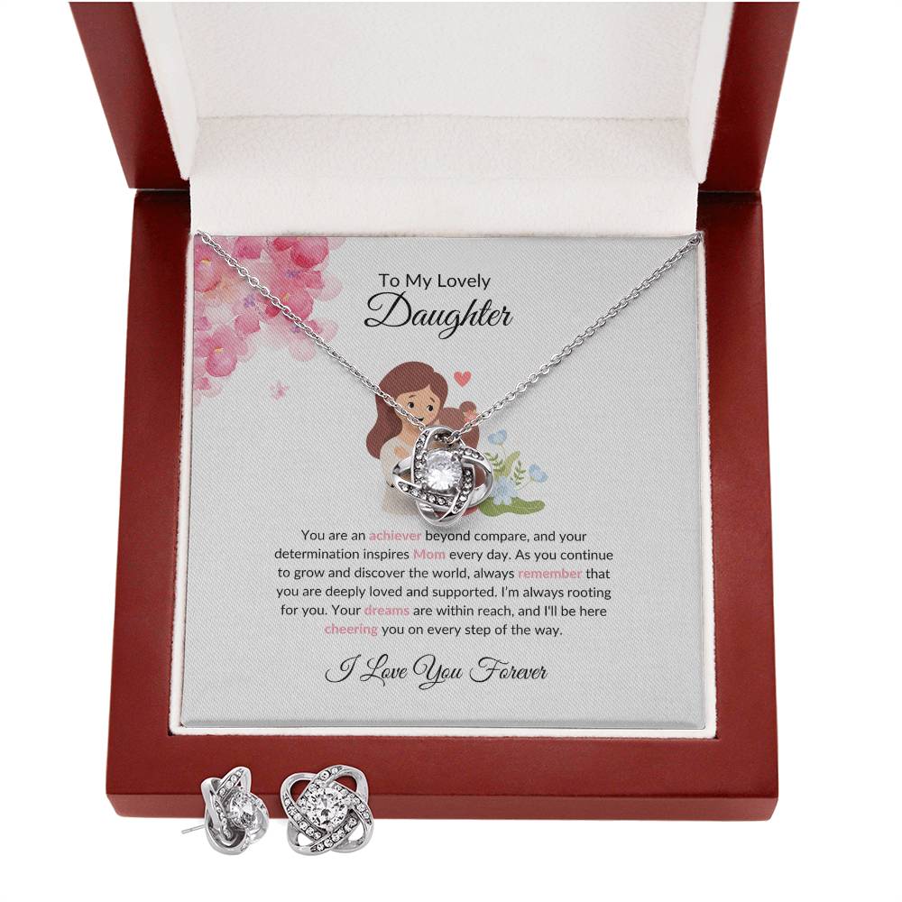 To My Lovely Daughter – Heartfelt Love Knot Beauty Earring & Necklace Gift Bundle