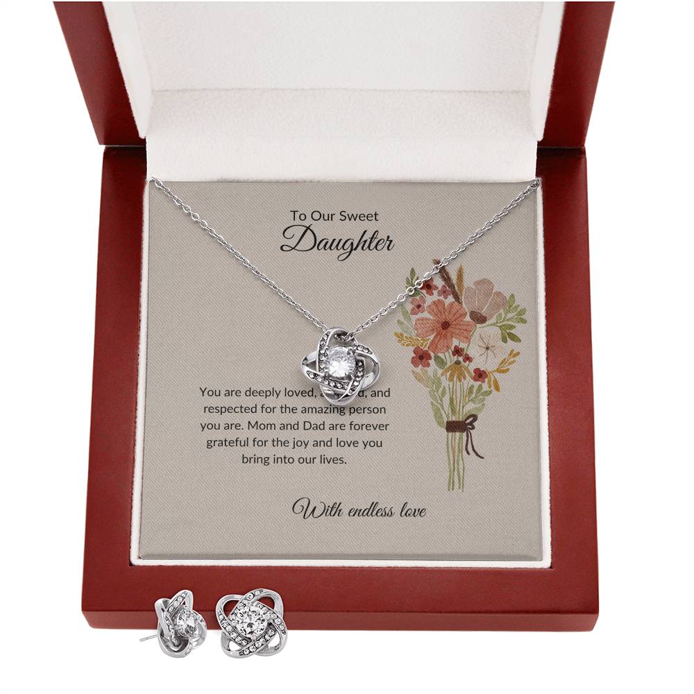 To My Sweet Daughter – Heartfelt Love Knot Beauty Earring & Necklace Bundle