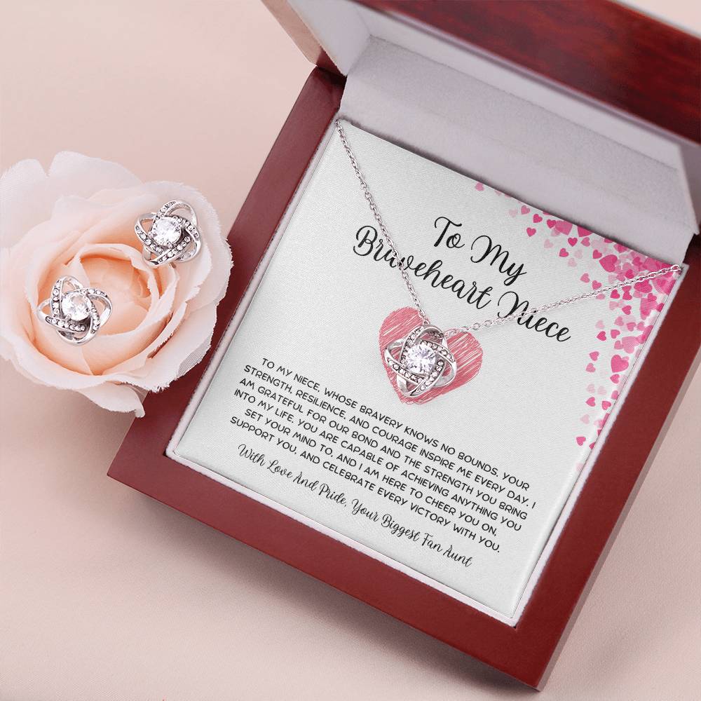 To My Braveheart Niece - From Aunt to Niece Love Knot Earring & Necklace Set - SOUVMOUR