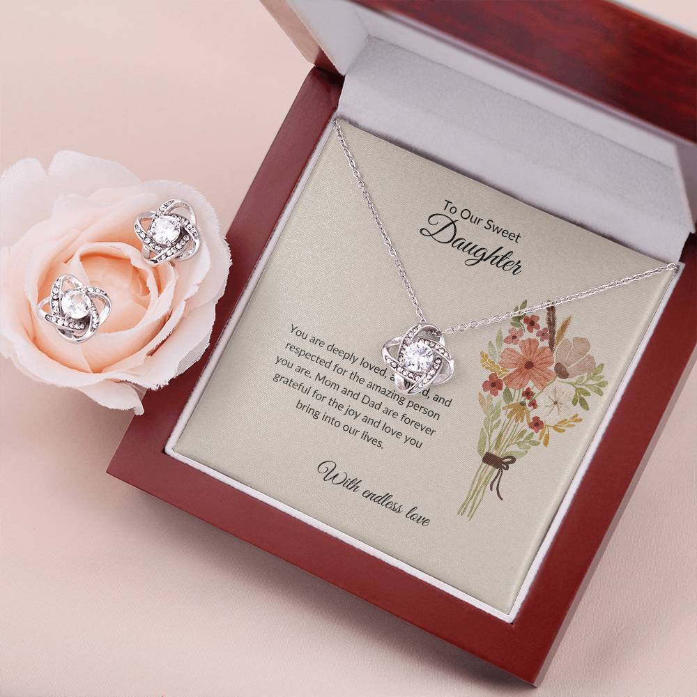 To My Sweet Daughter – Heartfelt Love Knot Beauty Earring & Necklace Bundle