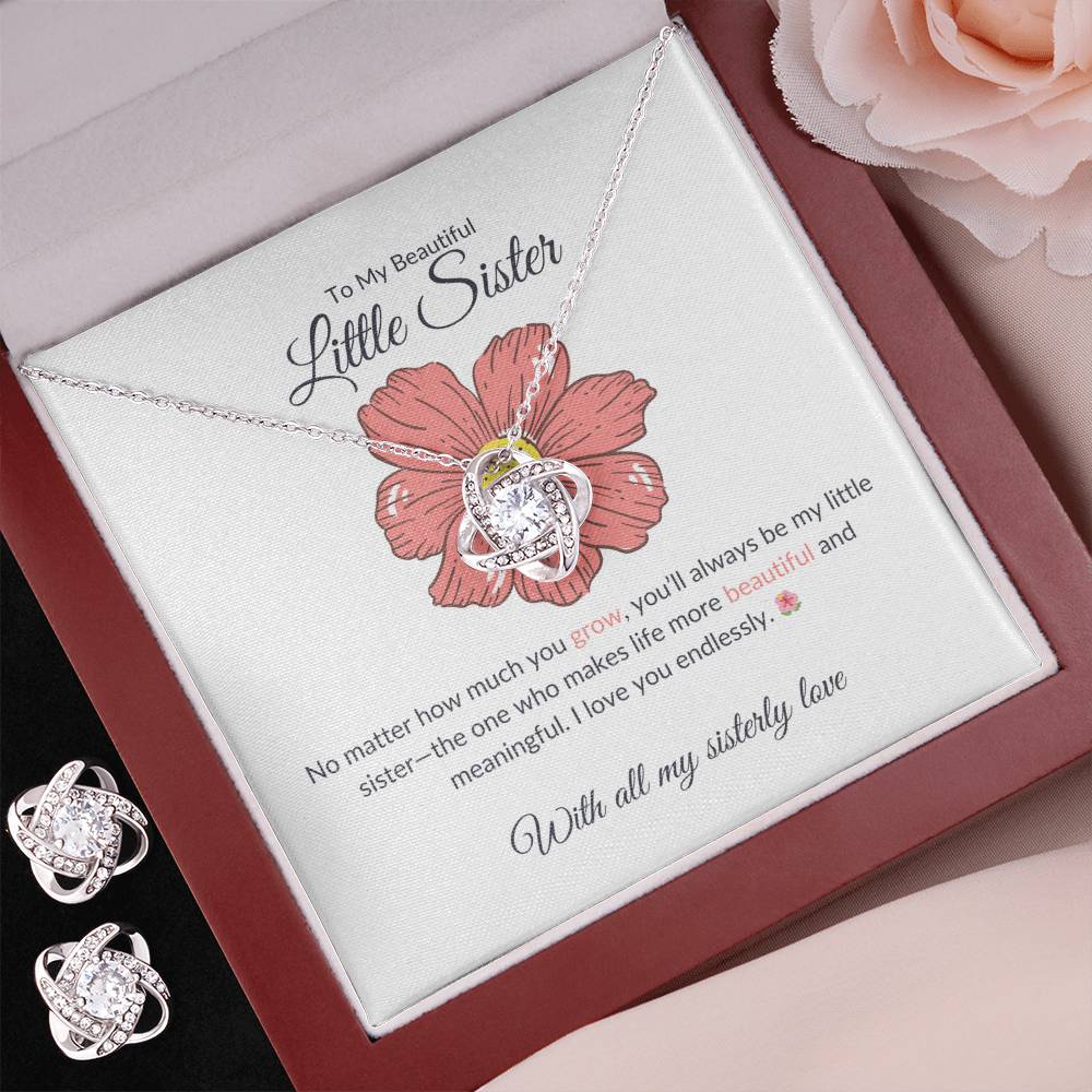 To My Beautiful Little Sister - Love Knot Earring & Necklace Set | Heartfelt Sister Gift