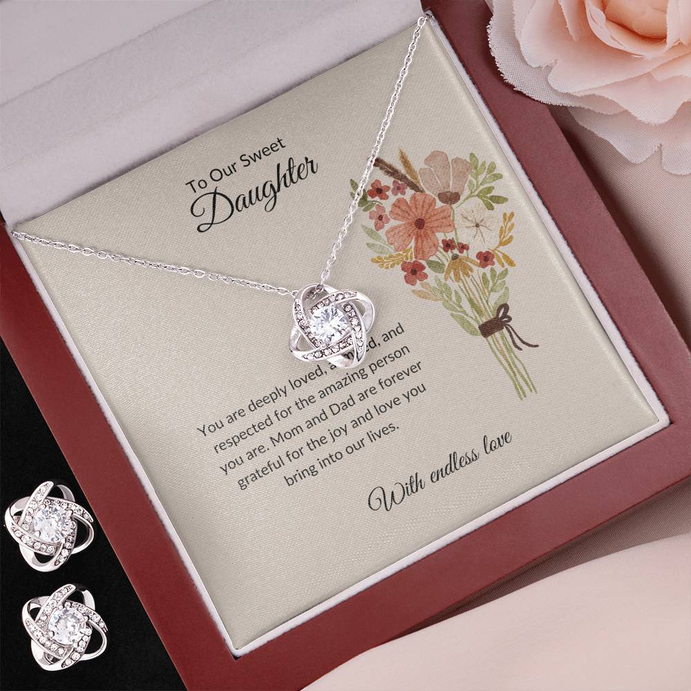 To My Sweet Daughter – Heartfelt Love Knot Beauty Earring & Necklace Bundle