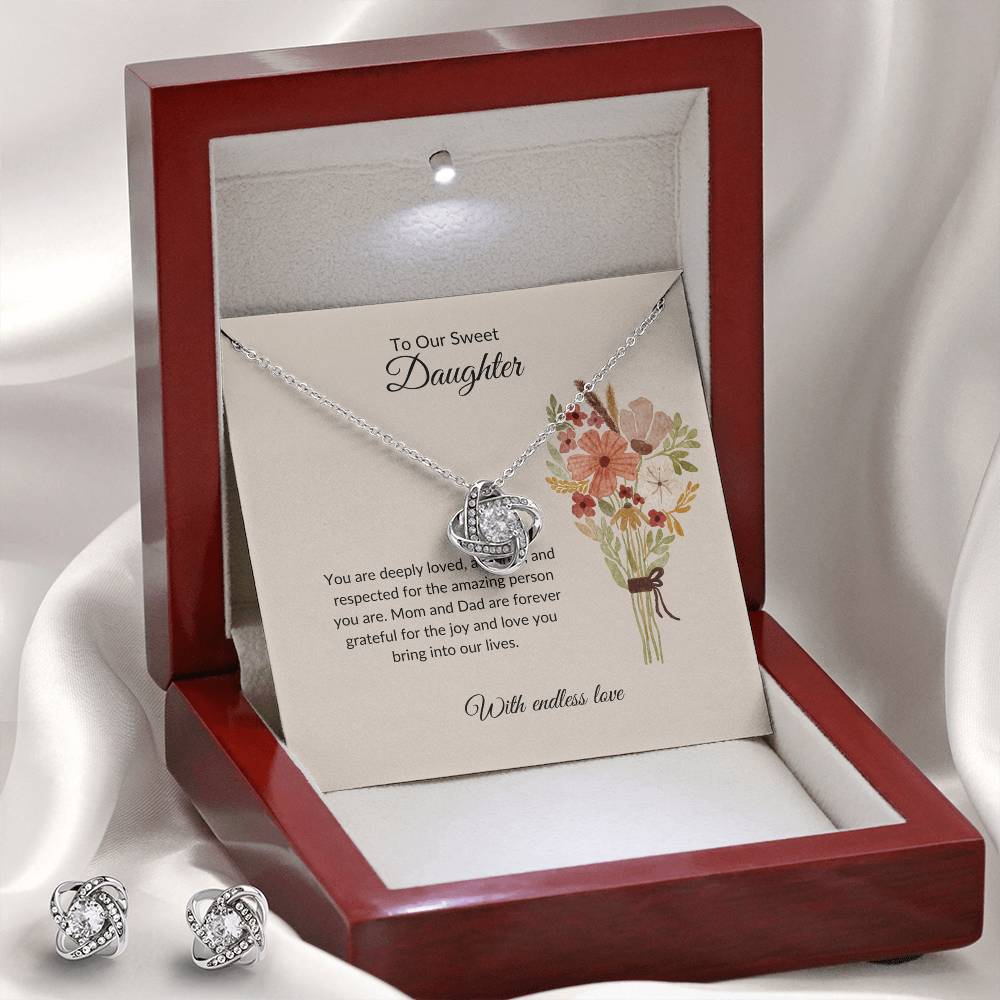 To My Sweet Daughter – Heartfelt Love Knot Beauty Earring & Necklace Bundle