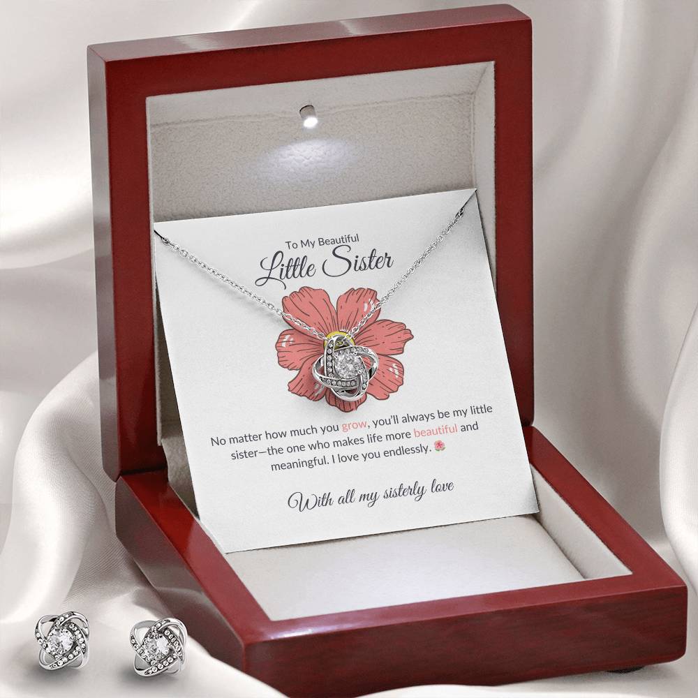 To My Beautiful Little Sister - Love Knot Earring & Necklace Set | Heartfelt Sister Gift