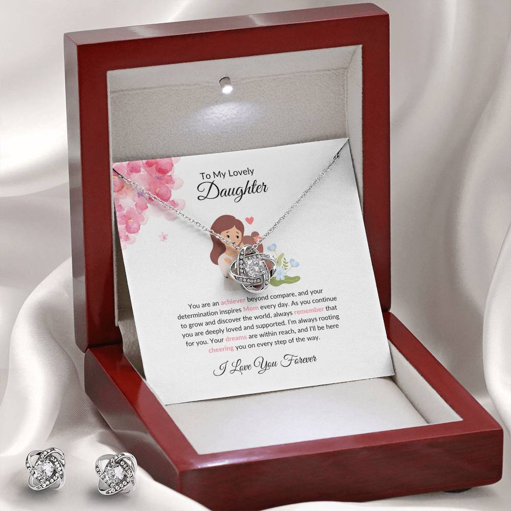 To My Lovely Daughter – Heartfelt Love Knot Beauty Earring & Necklace Gift Bundle