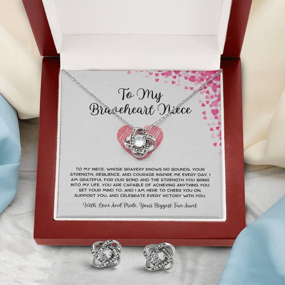To My Braveheart Niece - From Aunt to Niece Love Knot Earring & Necklace Set - SOUVMOUR