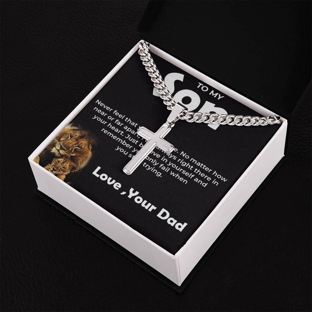 To My Brave Son | Cuban Link Chain with Engraved Artisan Cross from Dad | Inspirational Gift for Any Occasion