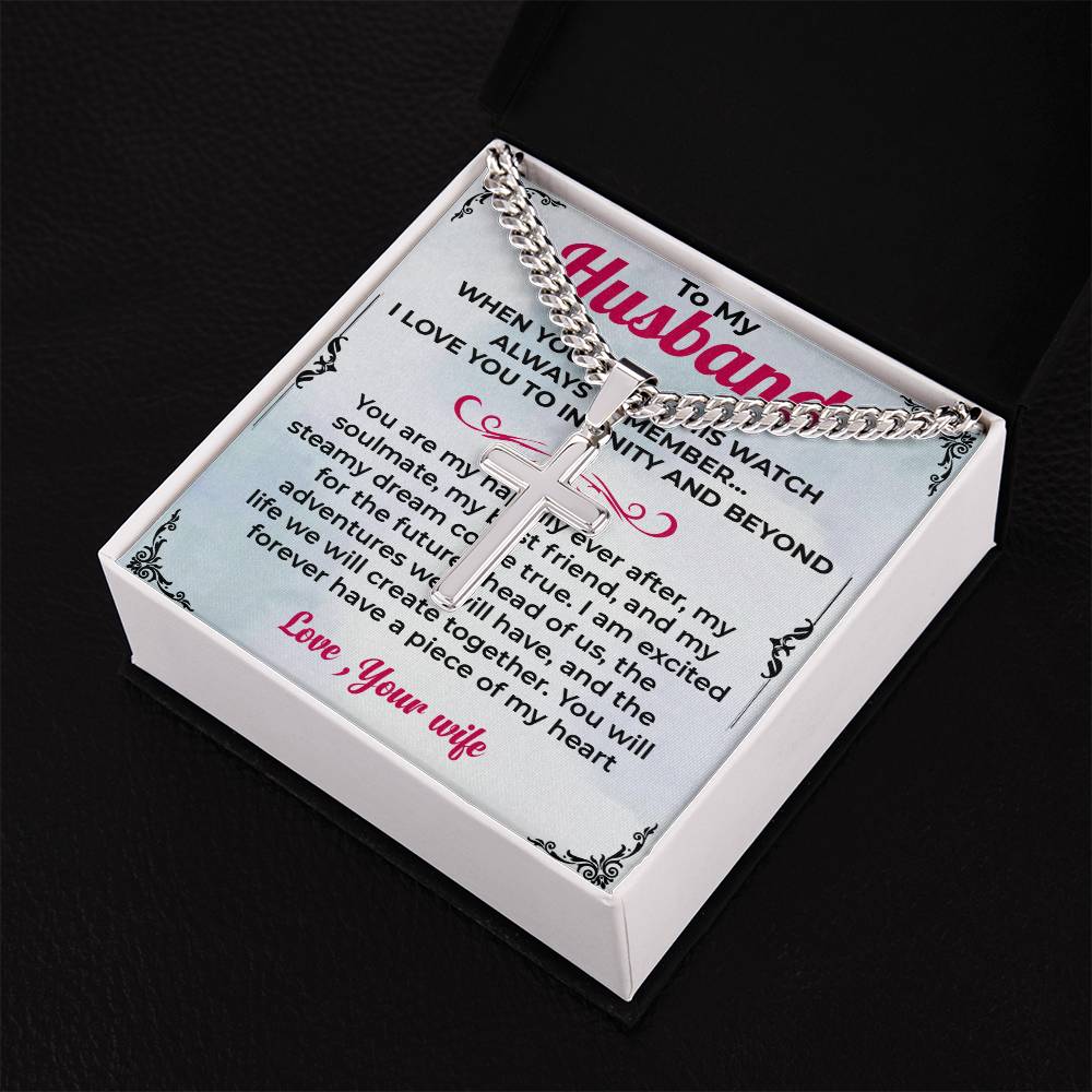 To My Husband | Cuban Link Chain with Engraved Artisan Cross Necklace for Any Occasion