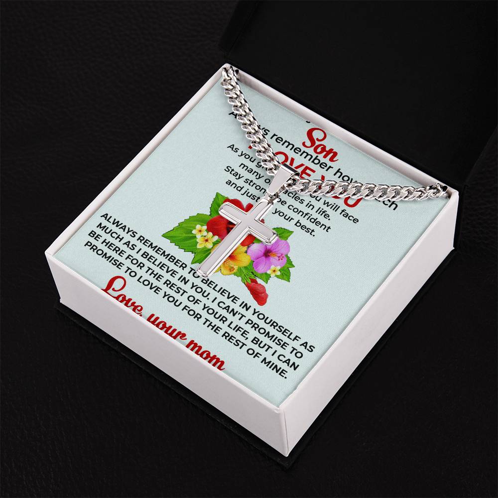 To My Beautiful Boy | Engraved Artisan Cross Necklace from Mom | Elegant and Heartfelt Gift