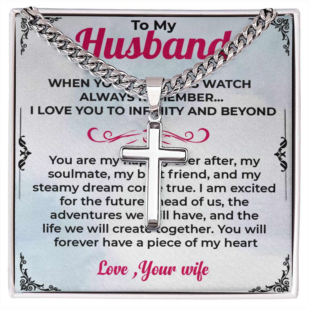 To My Husband | Cuban Link Chain with Engraved Artisan Cross Necklace for Any Occasion