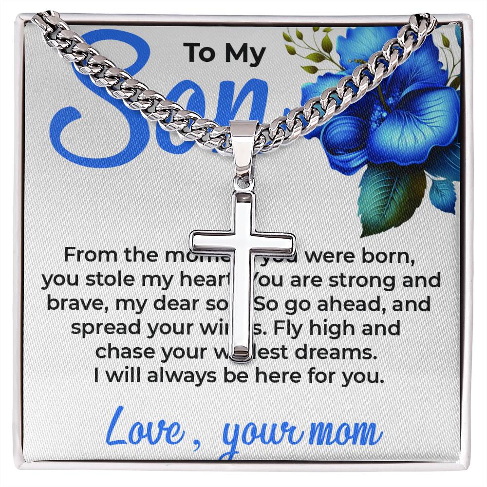 To My Dear Son | Engraved Artisan Cross Cuban Link Necklace from Mom | Perfect for Birthday or Graduation Or Any Ocassion