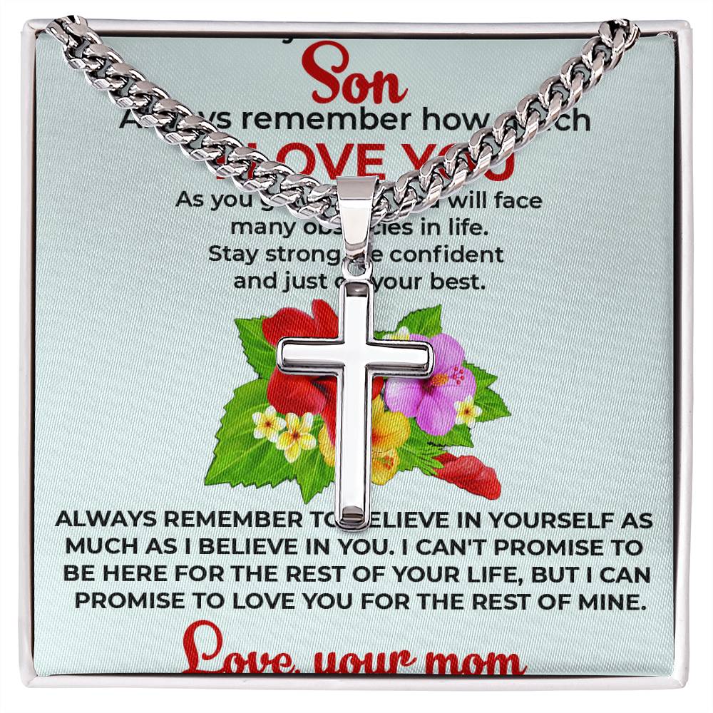 To My Beautiful Boy | Engraved Artisan Cross Necklace from Mom | Elegant and Heartfelt Gift