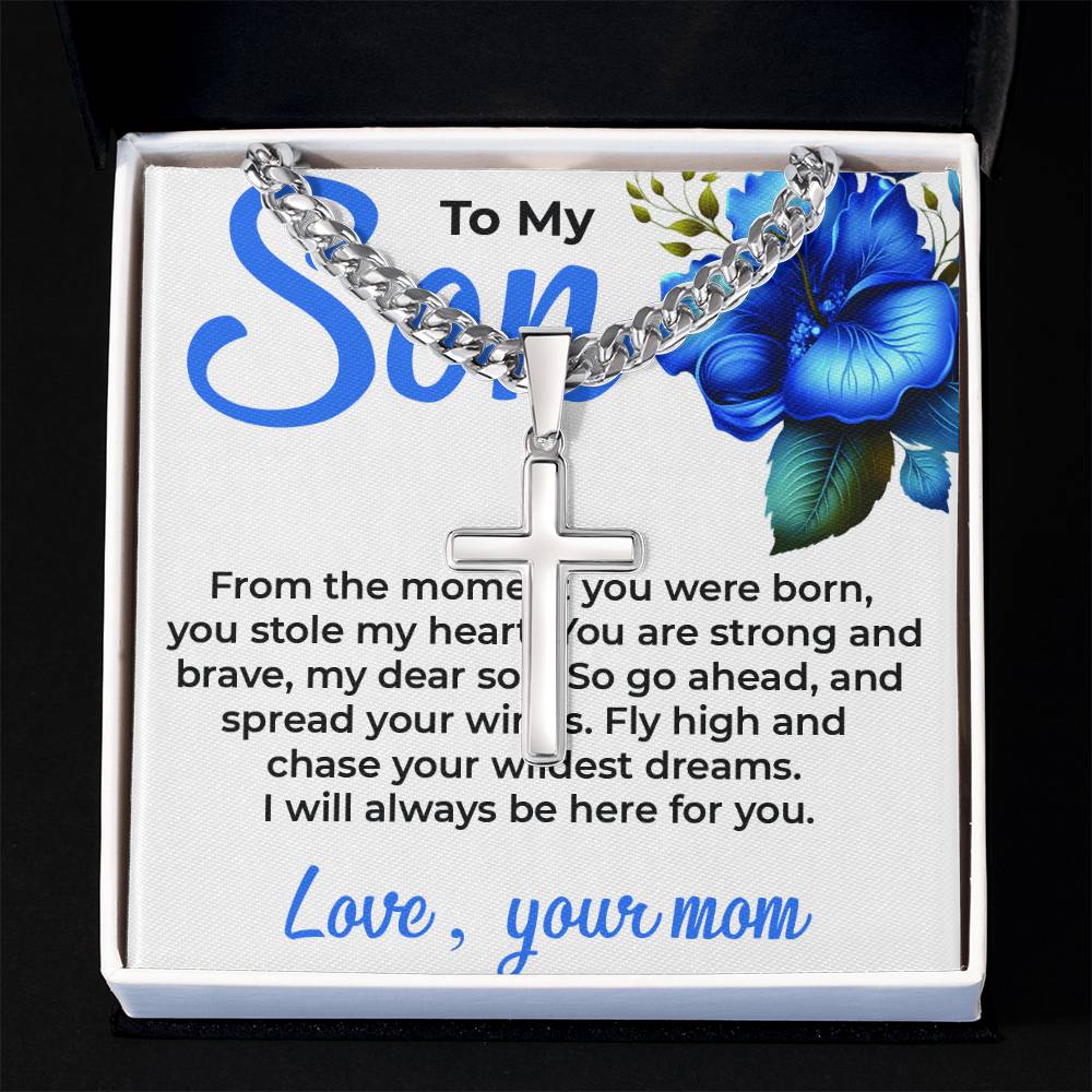 To My Dear Son | Engraved Artisan Cross Cuban Link Necklace from Mom | Perfect for Birthday or Graduation Or Any Ocassion