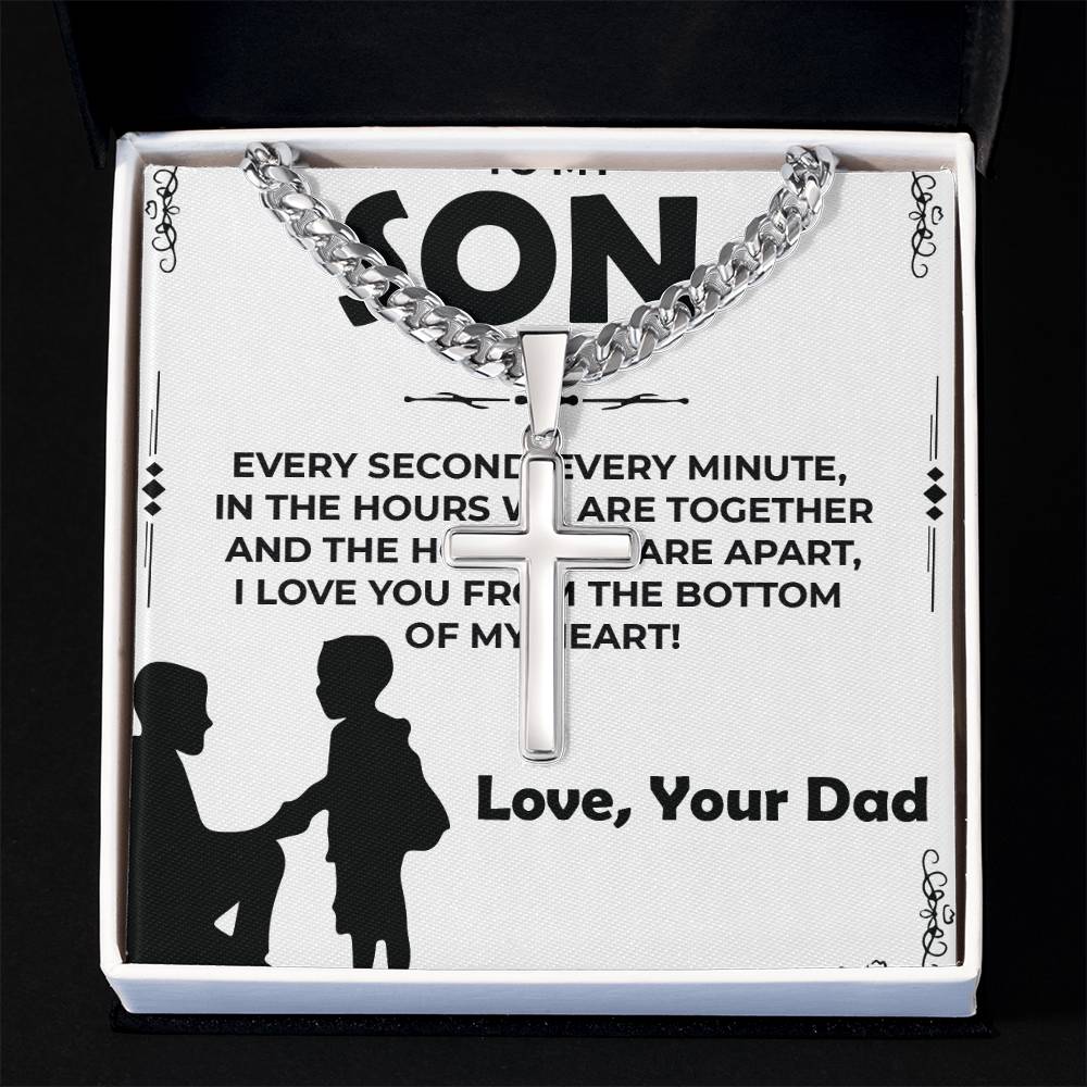Dear Son | Engraved Artisan Cross on Cuban Link Chain | Thoughtful Jewelry Gift from Dad to Son
