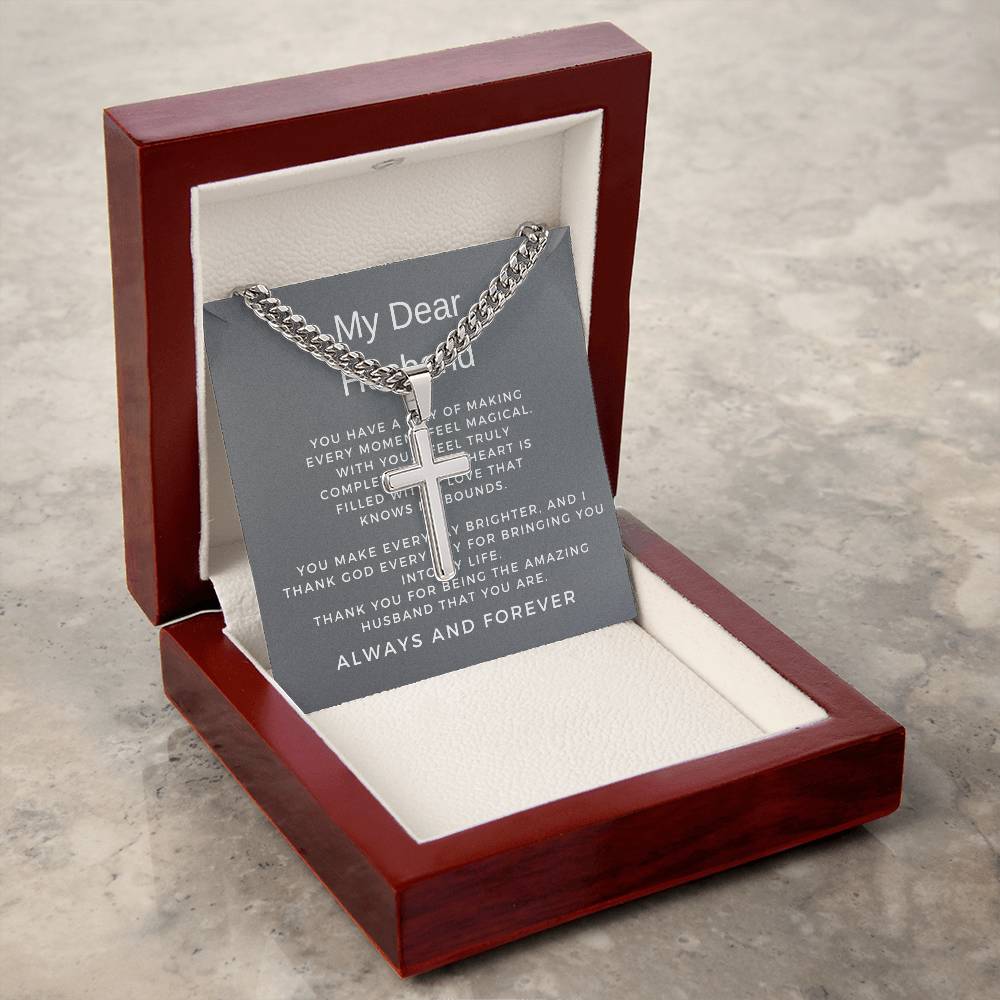 To My Husband | Stylish Cuban Link Chain with Engraved Artisan Cross Necklace Gift for Him