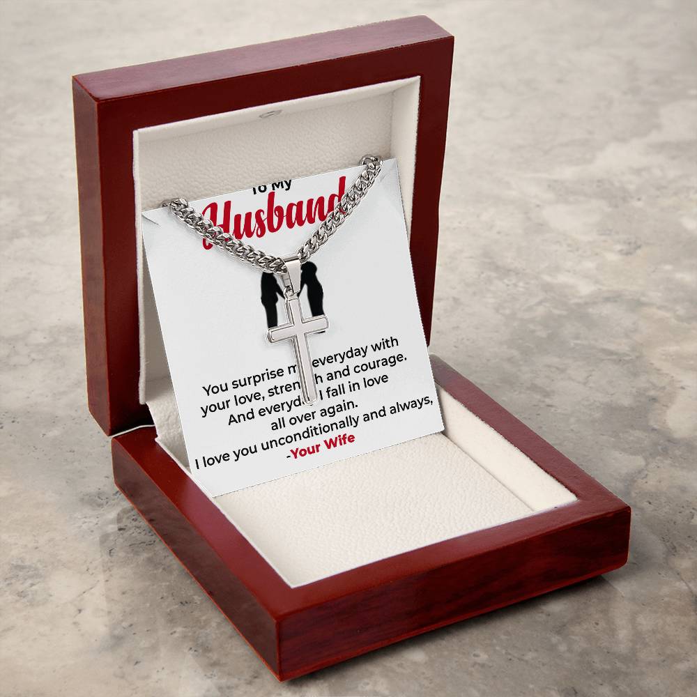 To My Husband | Classic Cuban Link Chain with Engraved Artisan Cross Gift for Him