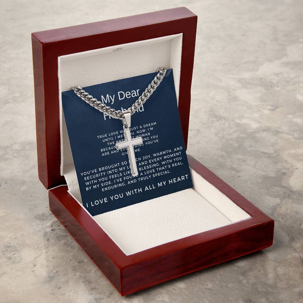 To My Dear Husband | Bold Cuban Link Chain with Engraved Artisan Cross Gift for Him