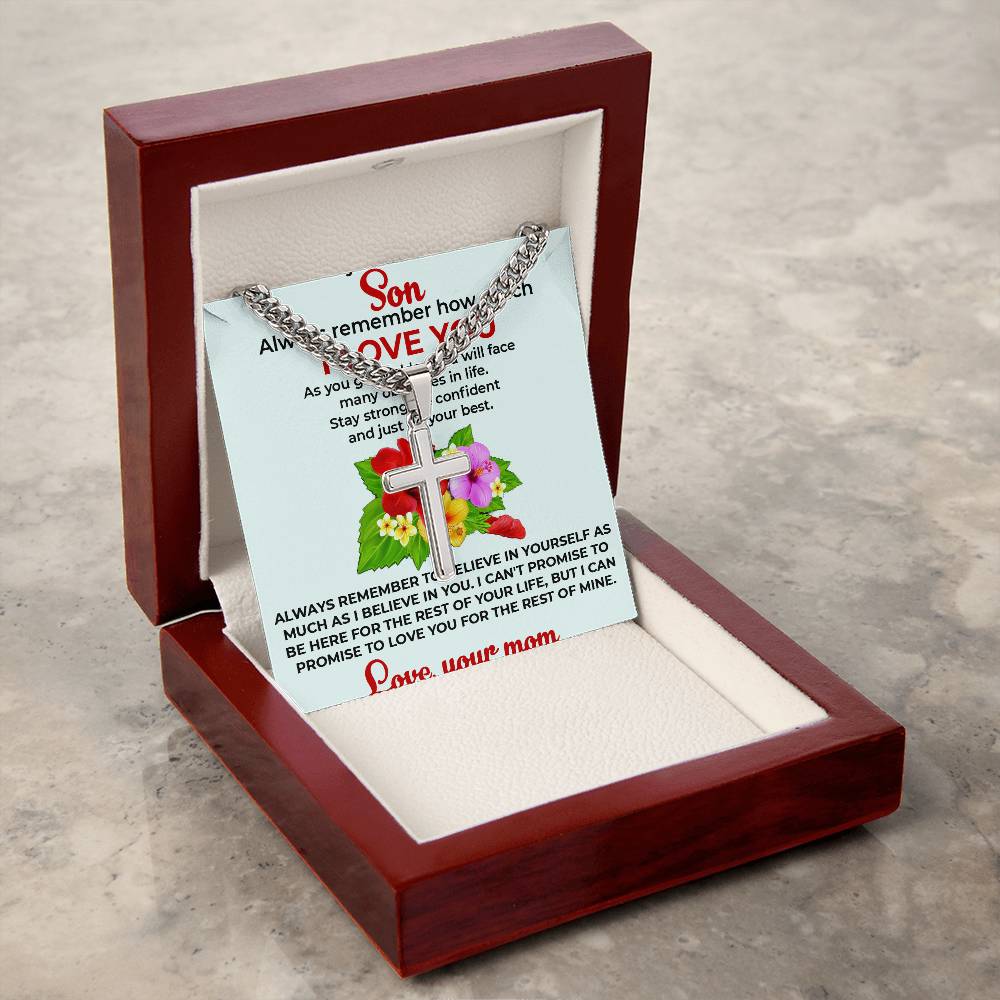 To My Beautiful Boy | Engraved Artisan Cross Necklace from Mom | Elegant and Heartfelt Gift