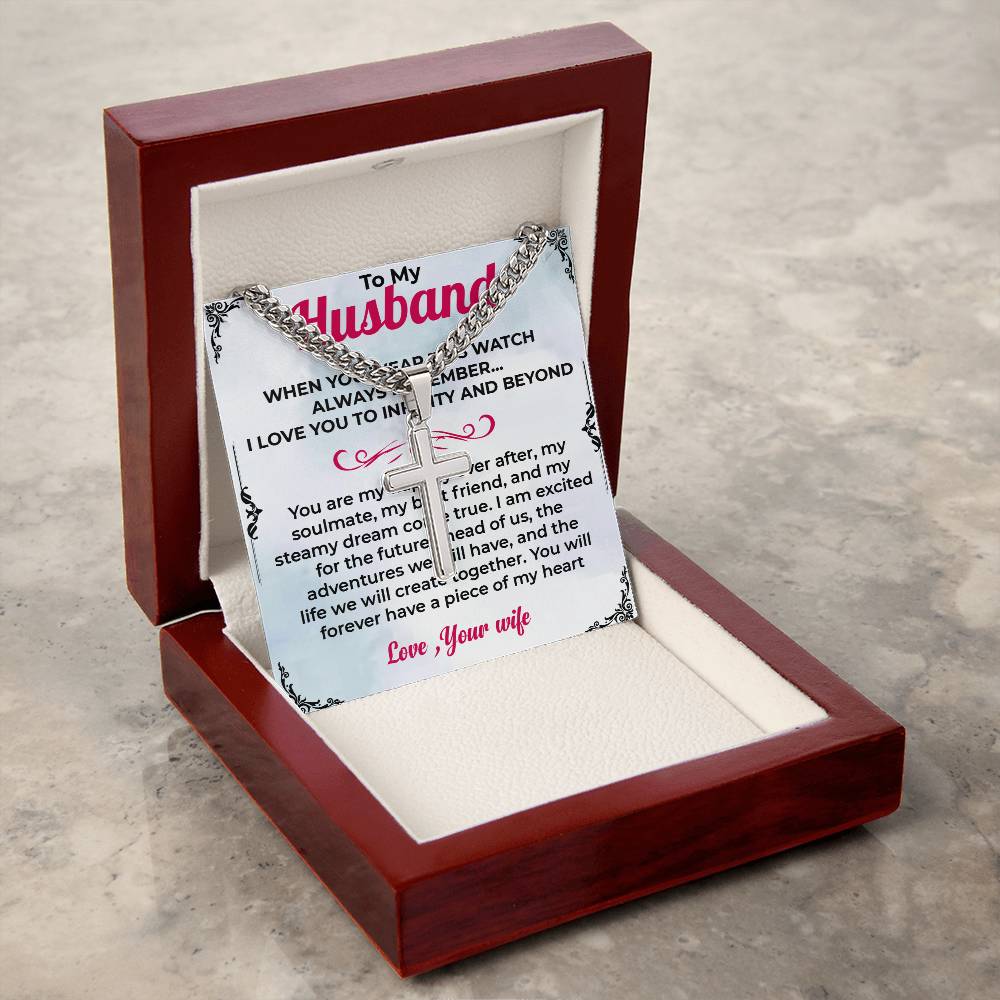 To My Husband | Cuban Link Chain with Engraved Artisan Cross Necklace for Any Occasion