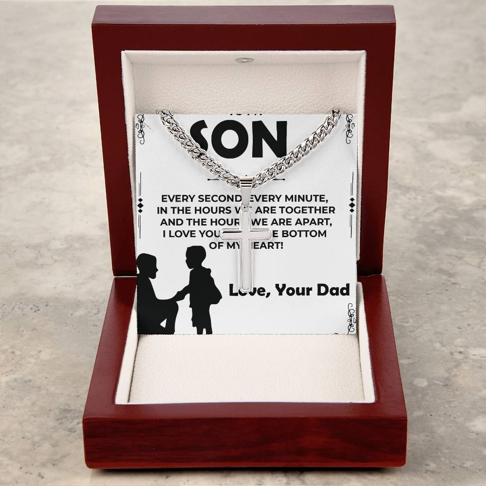 Dear Son | Engraved Artisan Cross on Cuban Link Chain | Thoughtful Jewelry Gift from Dad to Son