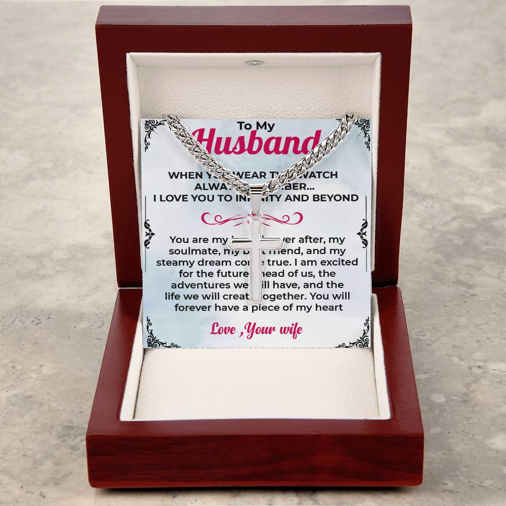 To My Husband | Cuban Link Chain with Engraved Artisan Cross Necklace for Any Occasion
