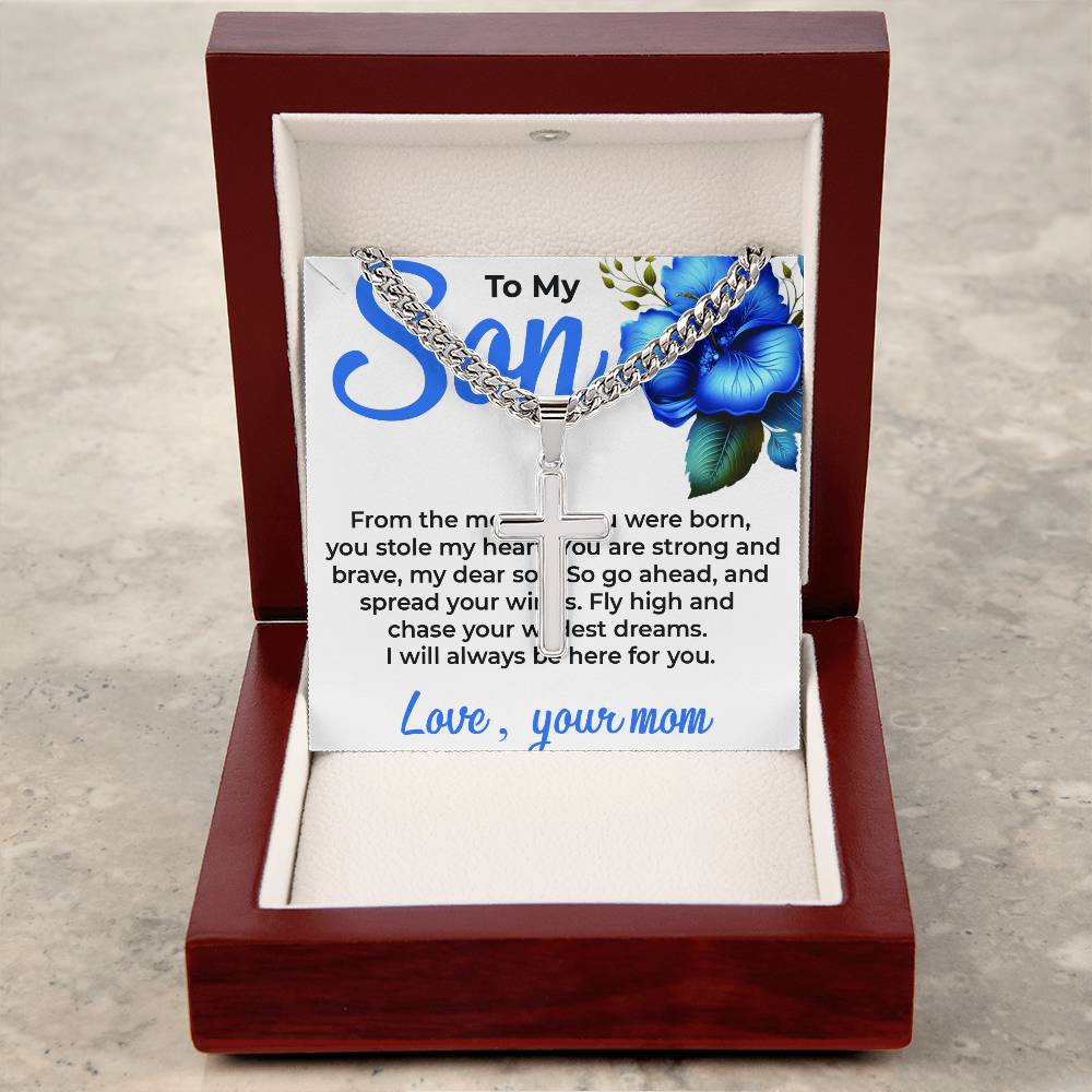 To My Dear Son | Engraved Artisan Cross Cuban Link Necklace from Mom | Perfect for Birthday or Graduation Or Any Ocassion