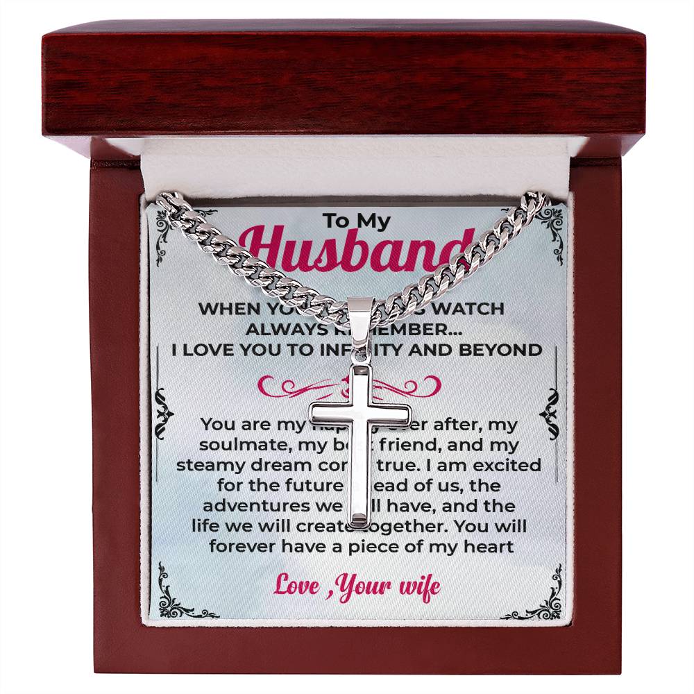 To My Husband | Cuban Link Chain with Engraved Artisan Cross Necklace for Any Occasion