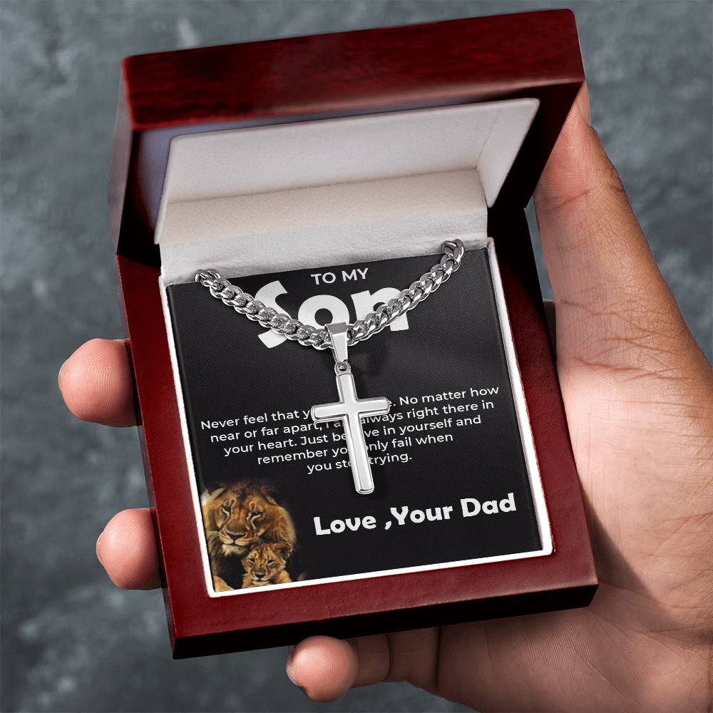 To My Brave Son | Cuban Link Chain with Engraved Artisan Cross from Dad | Inspirational Gift for Any Occasion