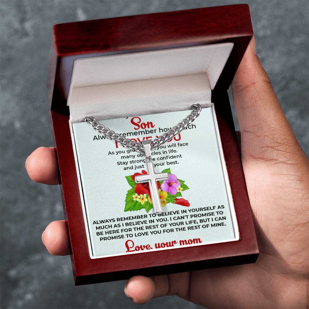 To My Beautiful Boy | Engraved Artisan Cross Necklace from Mom | Elegant and Heartfelt Gift