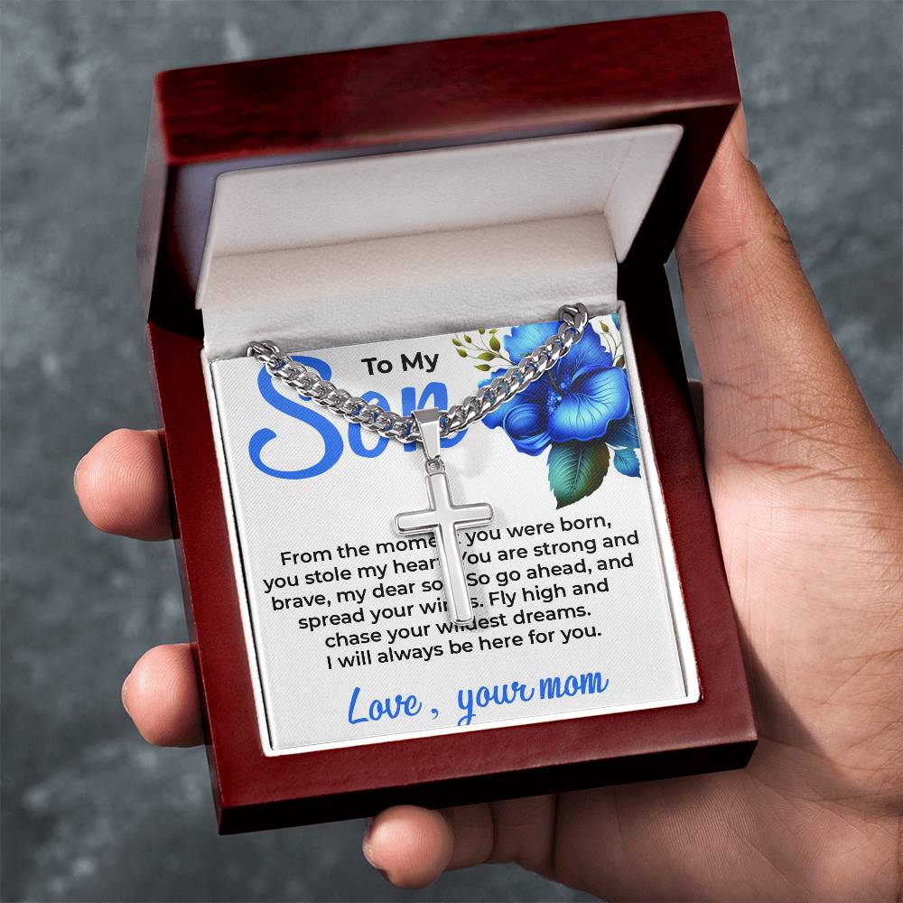 To My Dear Son | Engraved Artisan Cross Cuban Link Necklace from Mom | Perfect for Birthday or Graduation Or Any Ocassion
