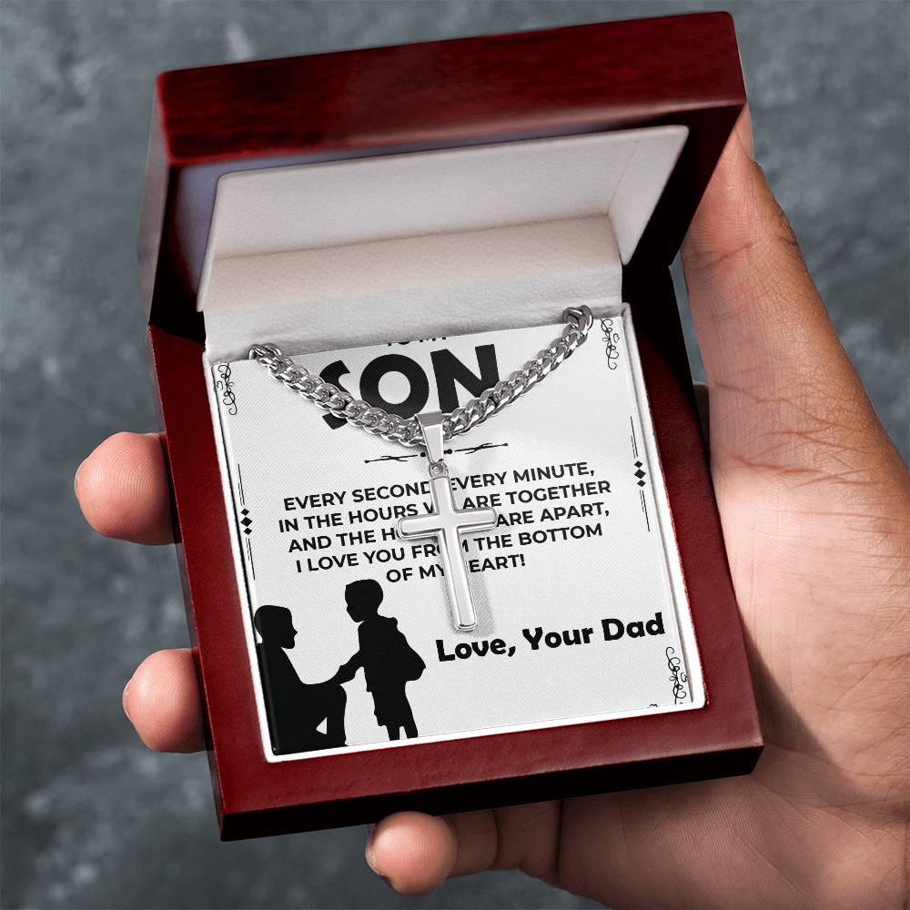 Dear Son | Engraved Artisan Cross on Cuban Link Chain | Thoughtful Jewelry Gift from Dad to Son
