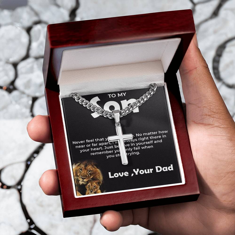 To My Brave Son | Cuban Link Chain with Engraved Artisan Cross from Dad | Inspirational Gift for Any Occasion