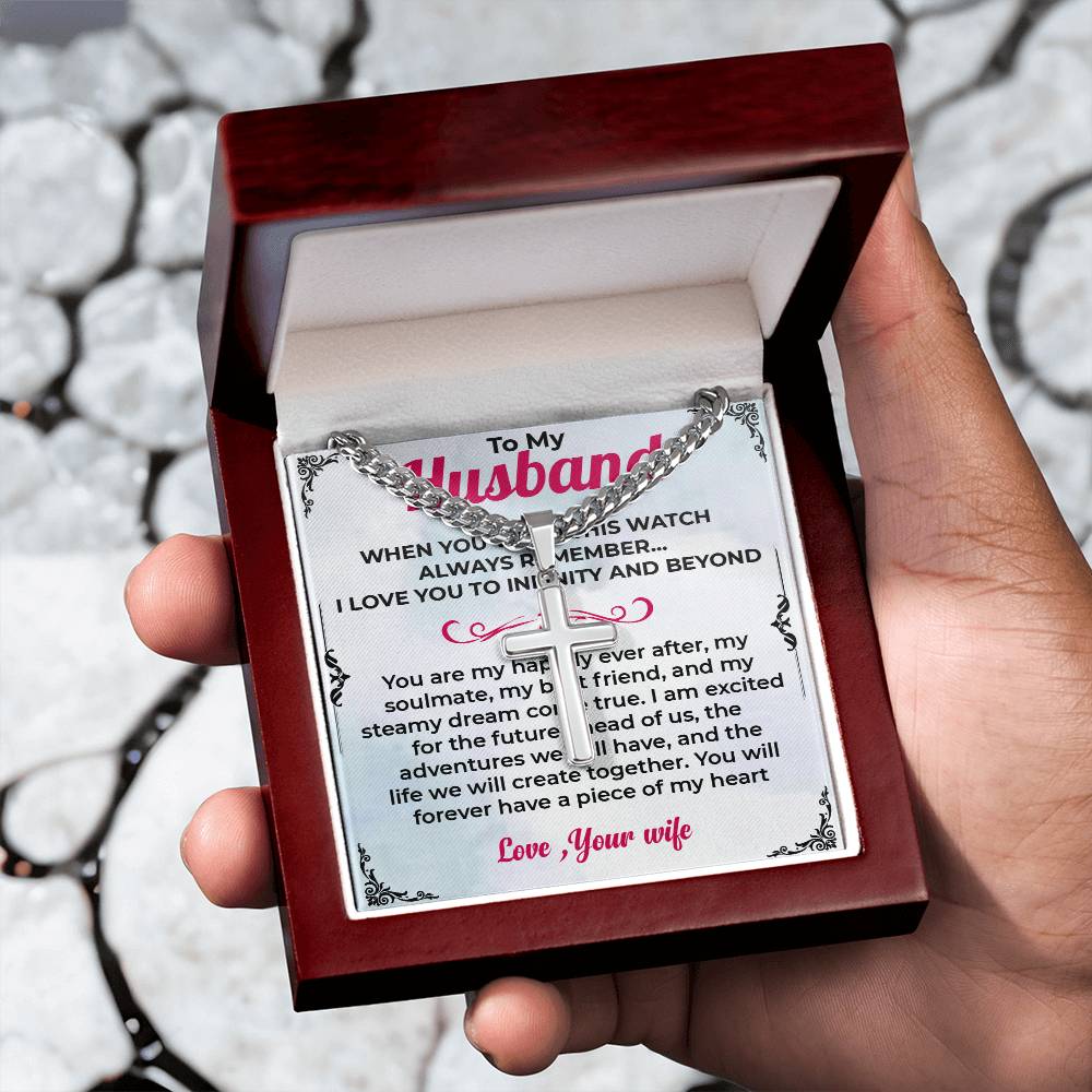 To My Husband | Cuban Link Chain with Engraved Artisan Cross Necklace for Any Occasion