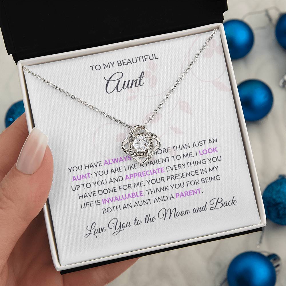 To My Beautiful Aunt Necklace – Elegant Love Knot Necklace | Grateful Message Card Gift in Yellow & White Gold - SOUVMOUR