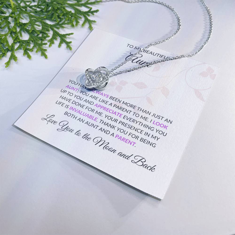 To My Beautiful Aunt Necklace – Elegant Love Knot Necklace | Grateful Message Card Gift in Yellow & White Gold - SOUVMOUR
