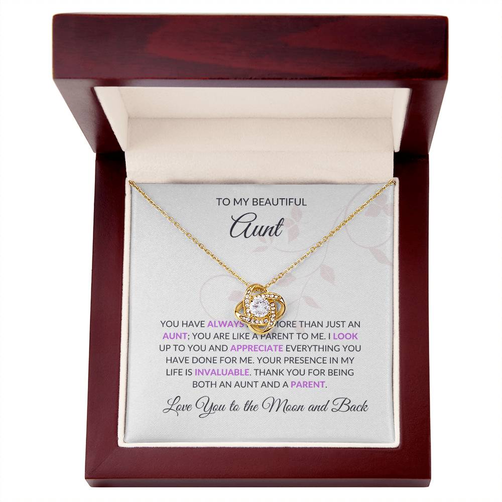 To My Beautiful Aunt Necklace – Elegant Love Knot Necklace | Grateful Message Card Gift in Yellow & White Gold - SOUVMOUR