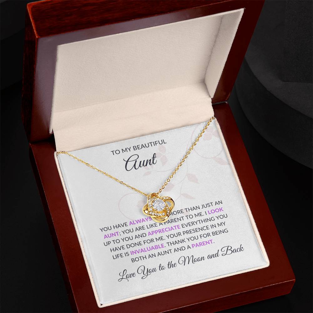 To My Beautiful Aunt Necklace – Elegant Love Knot Necklace | Grateful Message Card Gift in Yellow & White Gold - SOUVMOUR