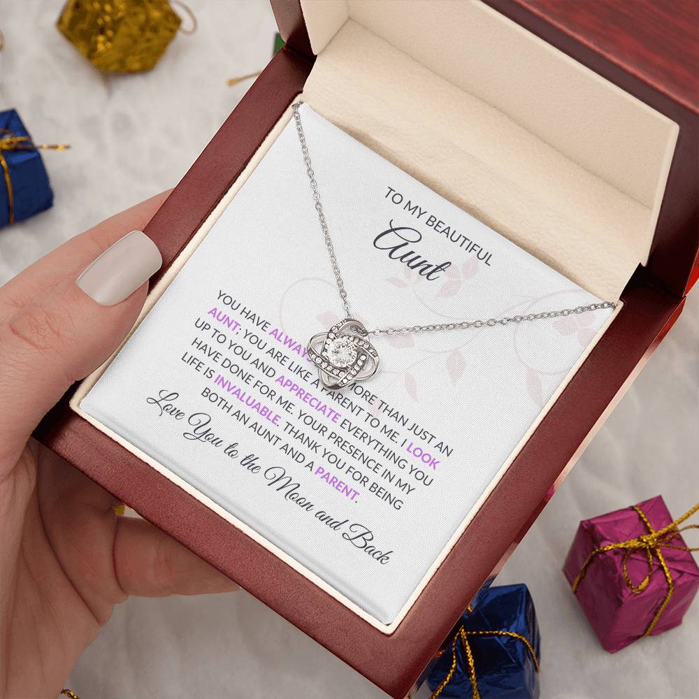 To My Beautiful Aunt Necklace – Elegant Love Knot Necklace | Grateful Message Card Gift in Yellow & White Gold - SOUVMOUR