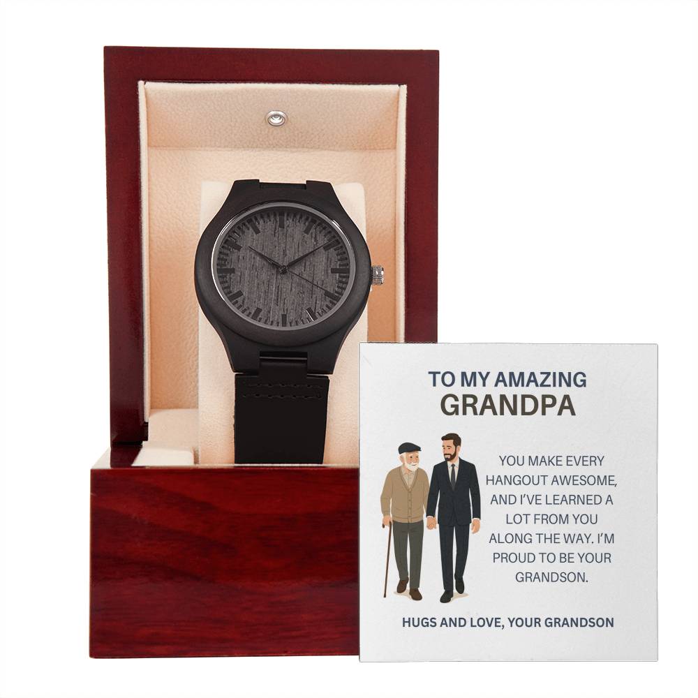 Classic Wooden Watch Gift for Grandpa – From Grandson with Heartfelt Message Card